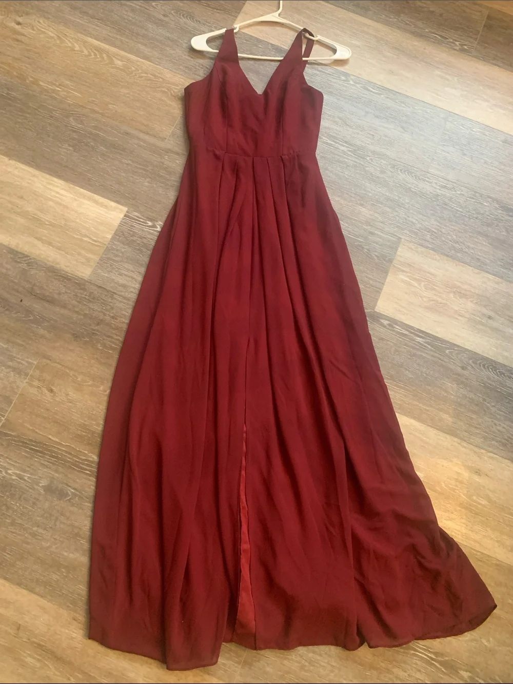 Adelyn Rae Burgundy Sleeveless V-Neck Maxi Dress with an opening between the leg